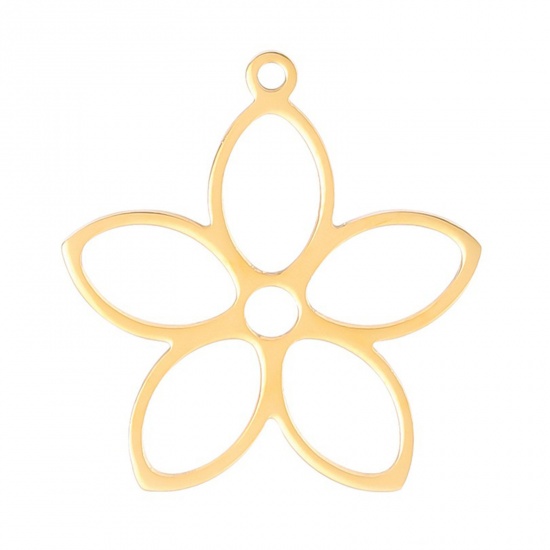 Bild von 2 Stück Umweltfreundliche PVD-Vakuumbeschichtung Edelstahl Charms Blumen Vergoldet Hohl 26mm x 25mm