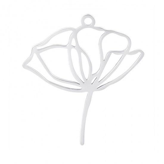 Imagen de Acero Inoxidable Colgantes Charms Flor de Loto Tono de Plata Hueco 28mm x 25mm, 2 Unidades