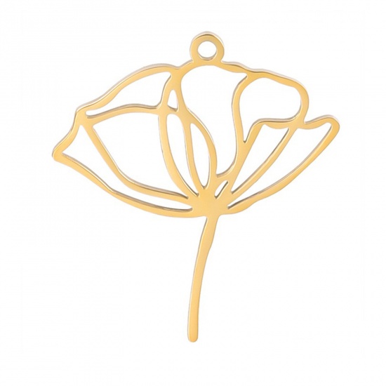 Imagen de 2 Unidades Recubrimiento al Vacío PVD Ecológico Acero Inoxidable Colgantes Flor de Loto Chapado en Oro Hueco 28mm x 25mm
