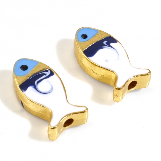 Picture of Zinc Based Alloy Ocean Jewelry Spacer Beads Fish Animal Gold Plated Multicolor Double-sided Enamel About 17mm x 8mm, Hole: Approx 1.6mm, 5 PCs
