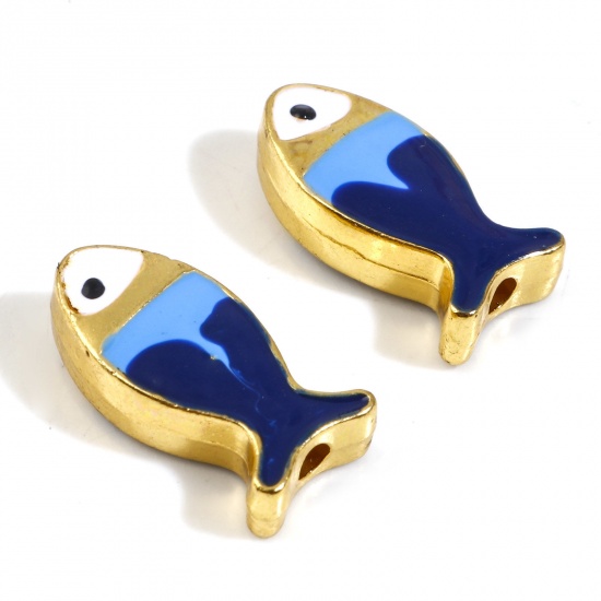 Immagine di Lega di Zinco Gioielli Oceanici Perline Pesce Oro Placcato Multicolore Smalto Circa 17mm x 8mm, Foro:Circa 1.6mm, 5 Pz