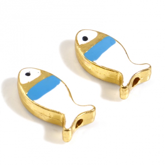 Picture of Zinc Based Alloy Ocean Jewelry Spacer Beads Fish Animal Gold Plated White Double-sided Enamel About 17mm x 8mm, Hole: Approx 1.6mm, 5 PCs