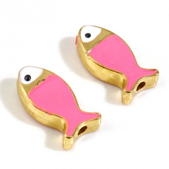 Picture of Zinc Based Alloy Ocean Jewelry Spacer Beads Fish Animal Gold Plated Pink Double-sided Enamel About 17mm x 8mm, Hole: Approx 1.6mm, 5 PCs