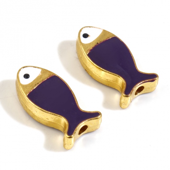 Picture of Zinc Based Alloy Ocean Jewelry Spacer Beads Fish Animal Gold Plated Dark Purple Double-sided Enamel About 17mm x 8mm, Hole: Approx 1.6mm, 5 PCs