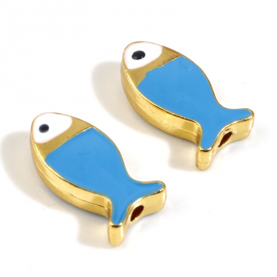 Picture of Zinc Based Alloy Ocean Jewelry Spacer Beads Fish Animal Gold Plated Blue Double-sided Enamel About 17mm x 8mm, Hole: Approx 1.6mm, 5 PCs