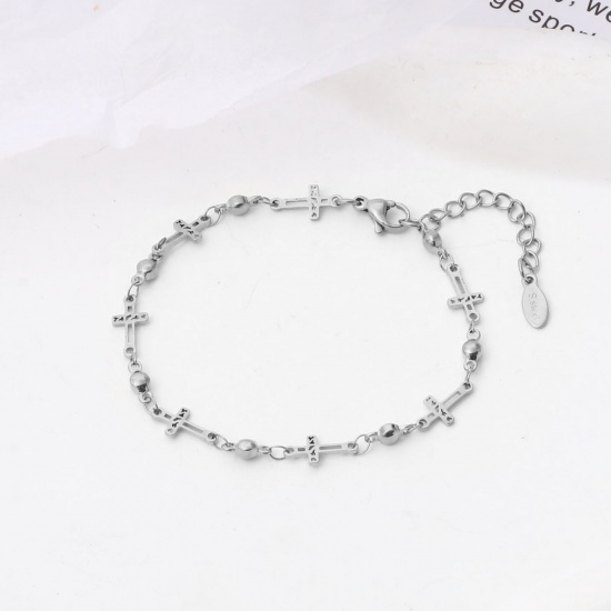 Picture of 304 Stainless Steel Religious Bracelets Silver Tone Cross 17.5cm(6 7/8") long, 1 Piece