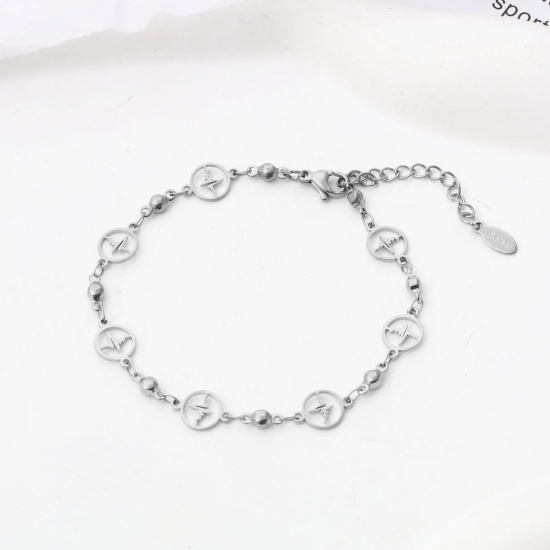 Picture of 304 Stainless Steel Medical Bracelets Silver Tone Heartbeat/ Electrocardiogram 18cm(7 1/8") long, 1 Piece