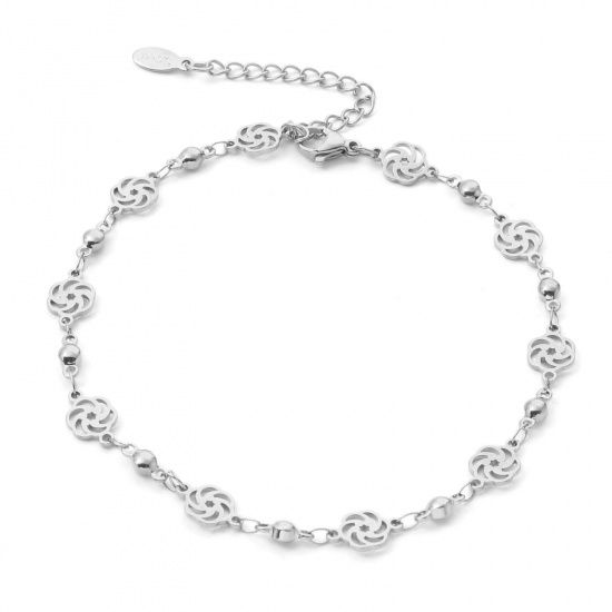 Picture of 304 Stainless Steel Flora Collection Anklet Silver Tone Flower 23cm(9") long, 1 Piece
