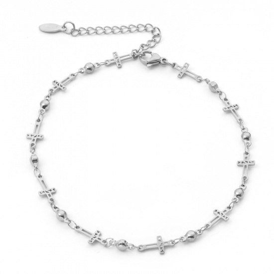 Picture of 304 Stainless Steel Religious Anklet Silver Tone Cross 24cm(9 4/8") long, 1 Piece