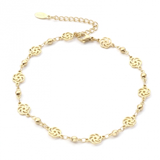 Picture of 1 Piece Vacuum Plating 304 Stainless Steel Flora Collection Anklet Gold Plated Flower 23cm(9") long