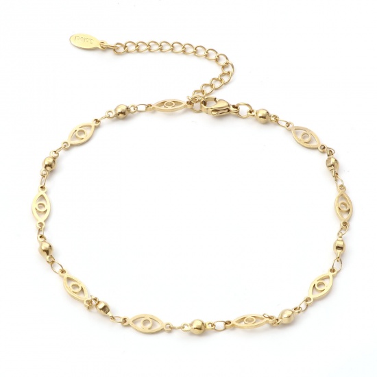 Picture of 1 Piece Vacuum Plating 304 Stainless Steel Religious Anklet Gold Plated Evil Eye 23cm(9") long