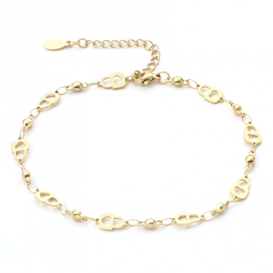 Picture of 304 Stainless Steel Valentine's Day Anklet Gold Plated Heart 23cm(9") long, 1 Piece