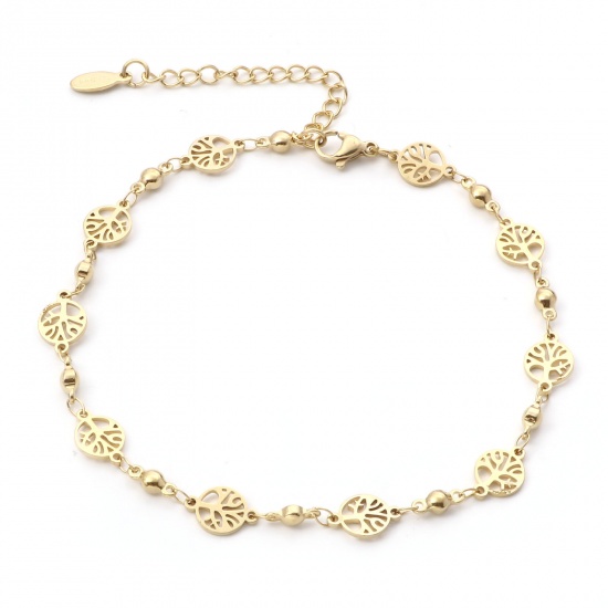 Picture of 1 Piece Vacuum Plating 304 Stainless Steel Anklet Gold Plated Tree Of Life 24cm(9 4/8") long