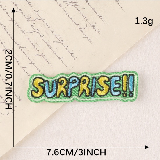 Picture of Polyester Embroidery Iron On Patches Appliques (With Glue Back) DIY Sewing Craft Clothing Decoration Multicolor Message " Surprise " 7.6cm x 2cm, 5 PCs