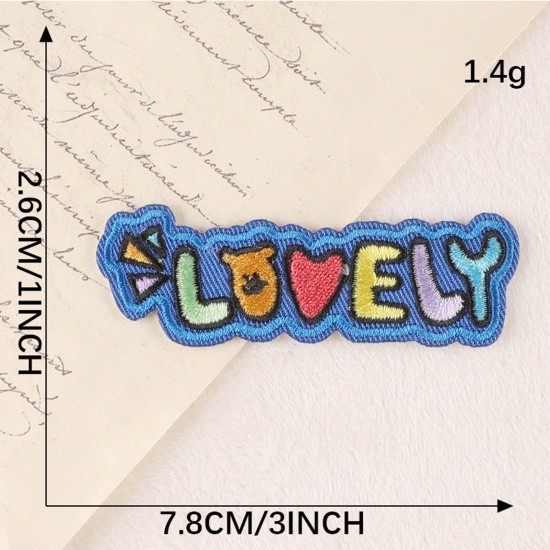 Picture of Polyester Embroidery Iron On Patches Appliques (With Glue Back) DIY Sewing Craft Clothing Decoration Multicolor Message " Lovely " 7.8cm x 2.6cm, 5 PCs