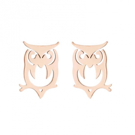 Picture of Stainless Steel Halloween Ear Post Stud Earrings Rose Gold Owl Animal Hollow 10mm x 7mm, Post/ Wire Size: (18 gauge), 1 Pair