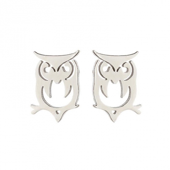 Picture of Stainless Steel Halloween Ear Post Stud Earrings Silver Tone Owl Animal Hollow 10mm x 7mm, Post/ Wire Size: (18 gauge), 1 Pair