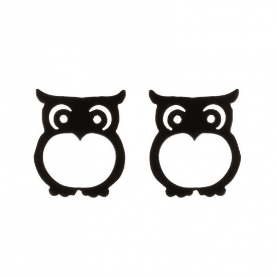 Picture of Stainless Steel Halloween Ear Post Stud Earrings Black Owl Animal Hollow 10mm x 9mm, Post/ Wire Size: (18 gauge), 1 Pair