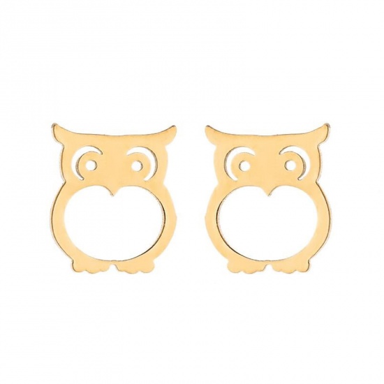 Picture of Stainless Steel Halloween Ear Post Stud Earrings Gold Plated Owl Animal Hollow 10mm x 9mm, Post/ Wire Size: (18 gauge), 1 Pair