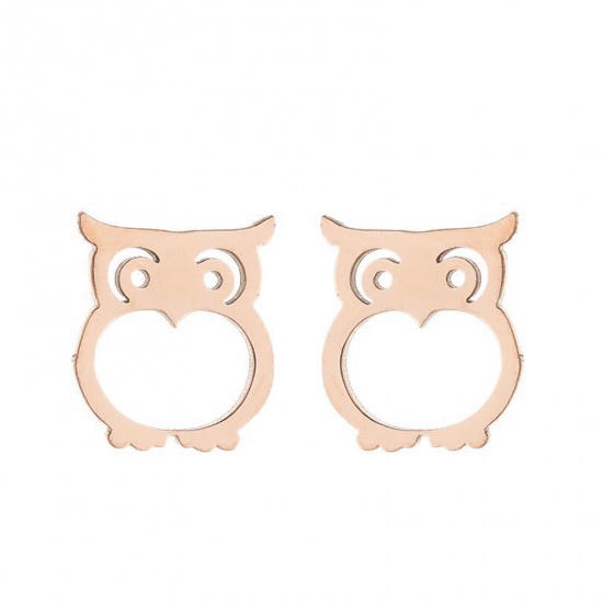 Picture of Stainless Steel Halloween Ear Post Stud Earrings Rose Gold Owl Animal Hollow 10mm x 9mm, Post/ Wire Size: (18 gauge), 1 Pair