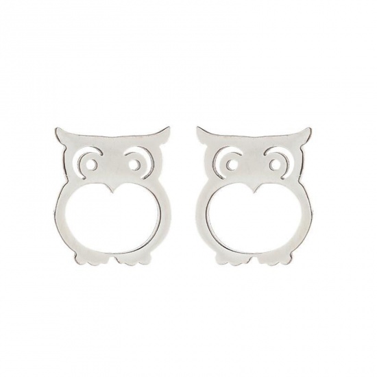 Picture of Stainless Steel Halloween Ear Post Stud Earrings Silver Tone Owl Animal Hollow 10mm x 9mm, Post/ Wire Size: (18 gauge), 1 Pair