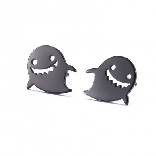 Picture of 304 Stainless Steel Halloween Ear Post Stud Earrings Black Ghost Hollow 11.2mm x 10mm, Post/ Wire Size: (18 gauge), 1 Pair