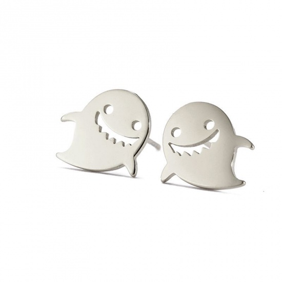 Picture of 304 Stainless Steel Halloween Ear Post Stud Earrings Silver Tone Ghost Hollow 11.2mm x 10mm, Post/ Wire Size: (18 gauge), 1 Pair