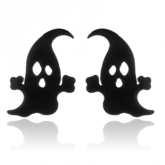 Picture of Stainless Steel Halloween Ear Post Stud Earrings Black Ghost 11mm x 8mm, Post/ Wire Size: (18 gauge), 1 Pair