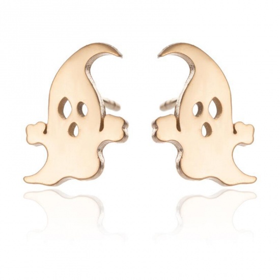 Picture of Stainless Steel Halloween Ear Post Stud Earrings Gold Plated Ghost 11mm x 8mm, Post/ Wire Size: (18 gauge), 1 Pair