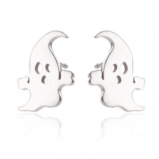 Picture of Stainless Steel Halloween Ear Post Stud Earrings Silver Tone Ghost 11mm x 8mm, Post/ Wire Size: (18 gauge), 1 Pair