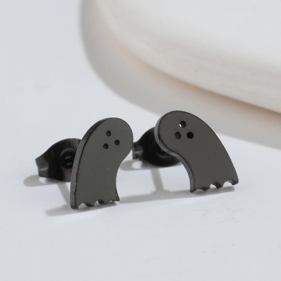 Picture of Stainless Steel Halloween Ear Post Stud Earrings Black Ghost 10mm x 6mm, Post/ Wire Size: (18 gauge), 1 Pair