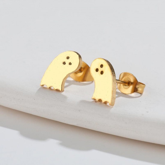 Picture of Stainless Steel Halloween Ear Post Stud Earrings Gold Plated Ghost 10mm x 6mm, Post/ Wire Size: (18 gauge), 1 Pair