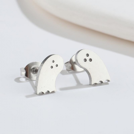 Picture of Stainless Steel Halloween Ear Post Stud Earrings Silver Tone Ghost 10mm x 6mm, Post/ Wire Size: (18 gauge), 1 Pair