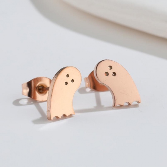 Picture of Stainless Steel Halloween Ear Post Stud Earrings Rose Gold Ghost 10mm x 6mm, Post/ Wire Size: (18 gauge), 1 Pair