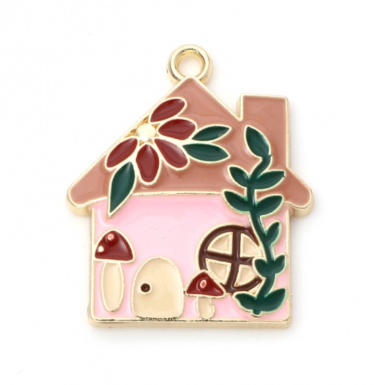 Picture of Zinc Based Alloy Charms Gold Plated Light Pink House Flower Enamel 29mm x 24mm, 10 PCs