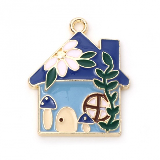 Picture of Zinc Based Alloy Charms Gold Plated Blue House Flower Enamel 29mm x 24mm, 10 PCs