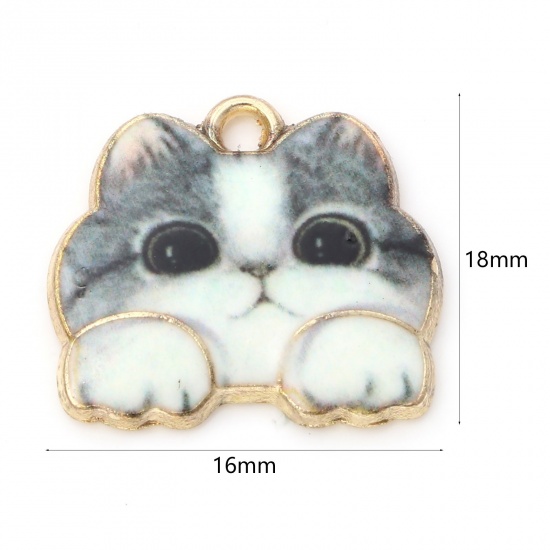 亜鉛合金 チャーム 猫 金メッキ グレー エナメル 18mm x 16mm、 10 個 の画像