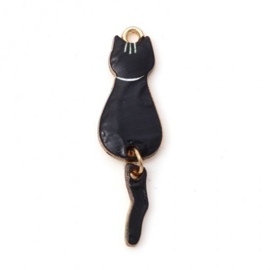 Picture of Zinc Based Alloy Pendants Gold Plated Black Cat Animal Enamel 3.5cm x 1cm, 10 PCs