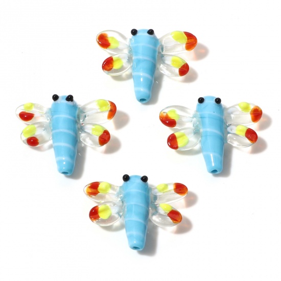Picture of Lampwork Glass Insect Beads Dragonfly Animal Skyblue 3D About 3cm x 2.4cm, Hole: Approx 1.5mm, 2 PCs
