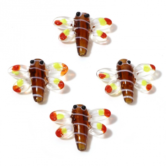 Picture of Lampwork Glass Insect Beads Dragonfly Animal Brown 3D About 3cm x 2.4cm, Hole: Approx 1.5mm, 2 PCs