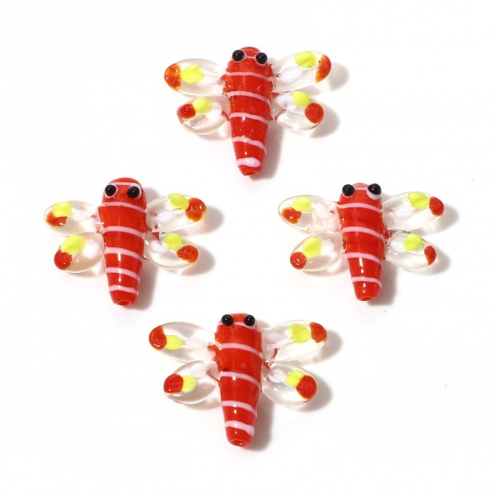 Picture of Lampwork Glass Insect Beads Dragonfly Animal Red 3D About 3cm x 2.4cm, Hole: Approx 1.5mm, 2 PCs