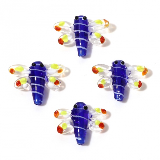 Picture of Lampwork Glass Insect Beads Dragonfly Animal Royal Blue 3D About 3cm x 2.4cm, Hole: Approx 1.5mm, 2 PCs