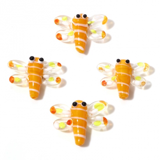 Picture of Lampwork Glass Insect Beads Dragonfly Animal Orange 3D About 3cm x 2.4cm, Hole: Approx 1.5mm, 2 PCs