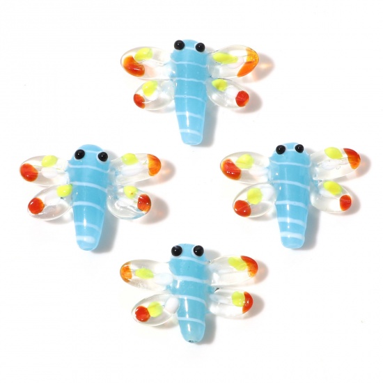 Picture of Lampwork Glass Insect Beads Dragonfly Animal Light Blue 3D About 3cm x 2.4cm, Hole: Approx 1.5mm, 2 PCs