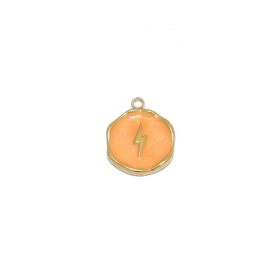 Picture of Stainless Steel Weather Collection Charms Gold Plated Orange Round Lightning Enamel 15mm x 12.5mm, 1 Piece