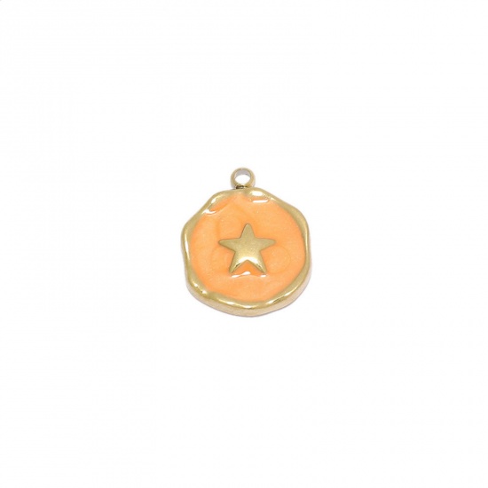 Picture of Stainless Steel Charms Gold Plated Orange Round Pentagram Star Enamel 15mm x 12.5mm, 1 Piece