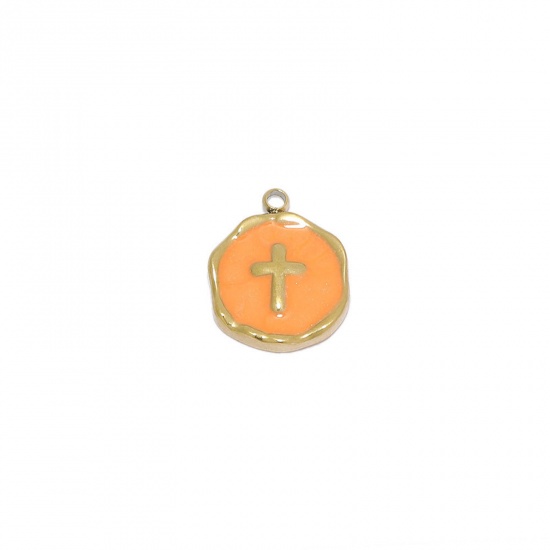 Picture of Stainless Steel Religious Charms Gold Plated Orange Round Cross Enamel 15mm x 12.5mm, 1 Piece