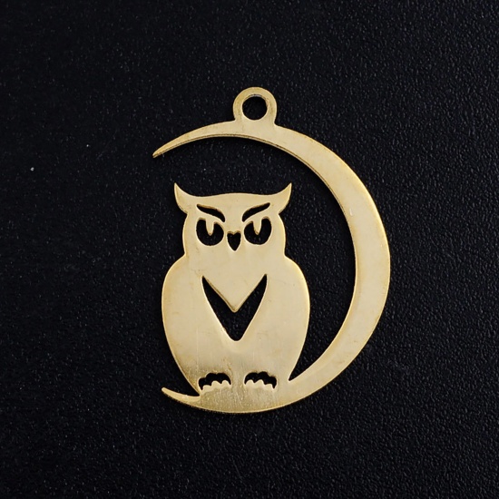 Image de Breloques en Acier Inoxydable Halloween Demi Lune Doré Hibou 20mm x 14mm , 5 Pcs