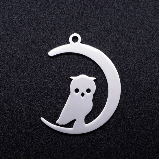 Bild von Edelstahl Halloween Charms Halbmond Silberfarbe Eule 23.5mm x 17.5mm, 5 Stück