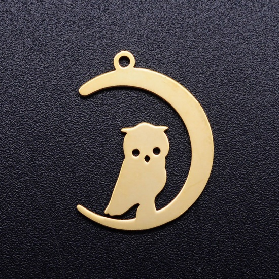 Bild von Edelstahl Halloween Charms Halbmond Vergoldet Eule 23.5mm x 17.5mm, 5 Stück